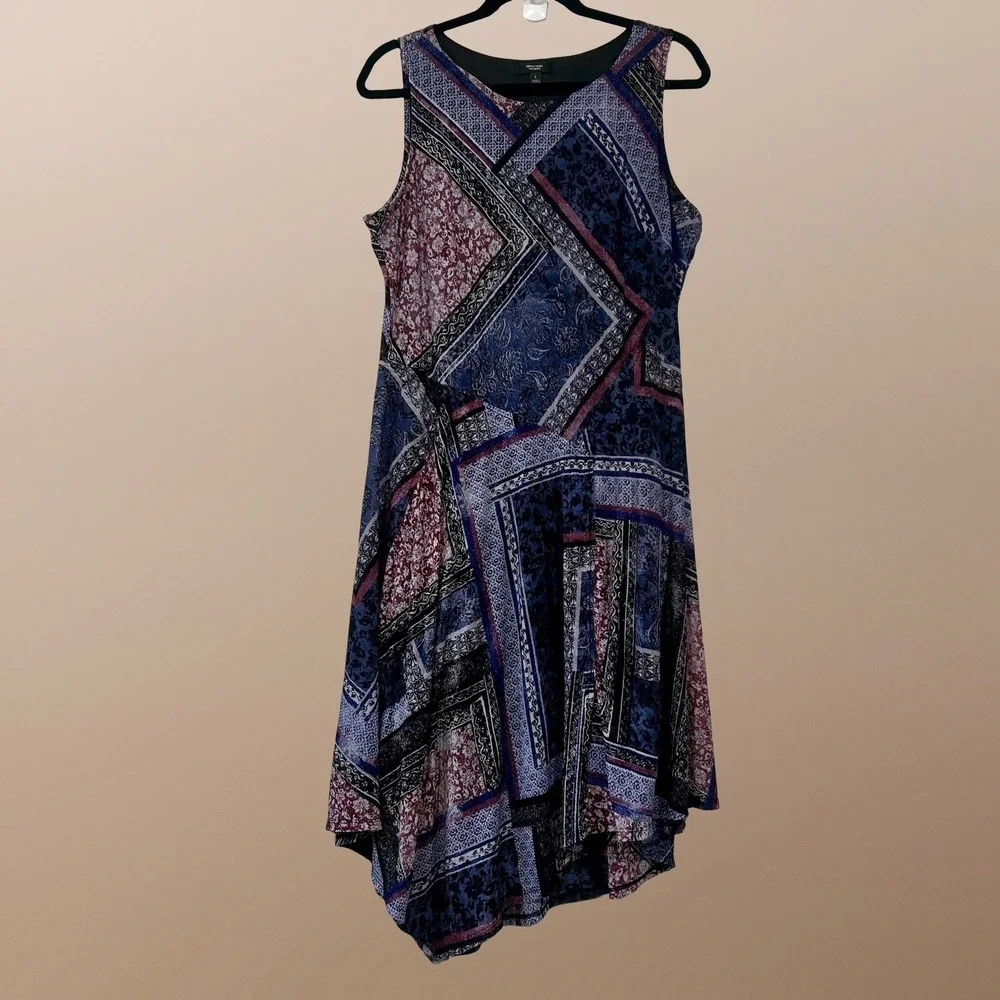 Simply Vera Sleeveless Dress Womens Large Blue Patchwork Handkerchief Hem